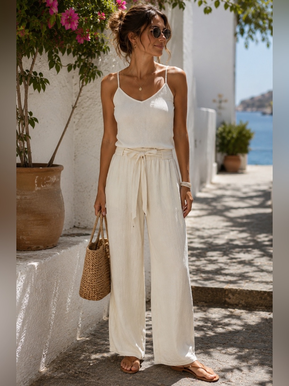 Linen Pants Wide Leg Small Cream Elastic Waist Casual Vacation Summer Ambiance
